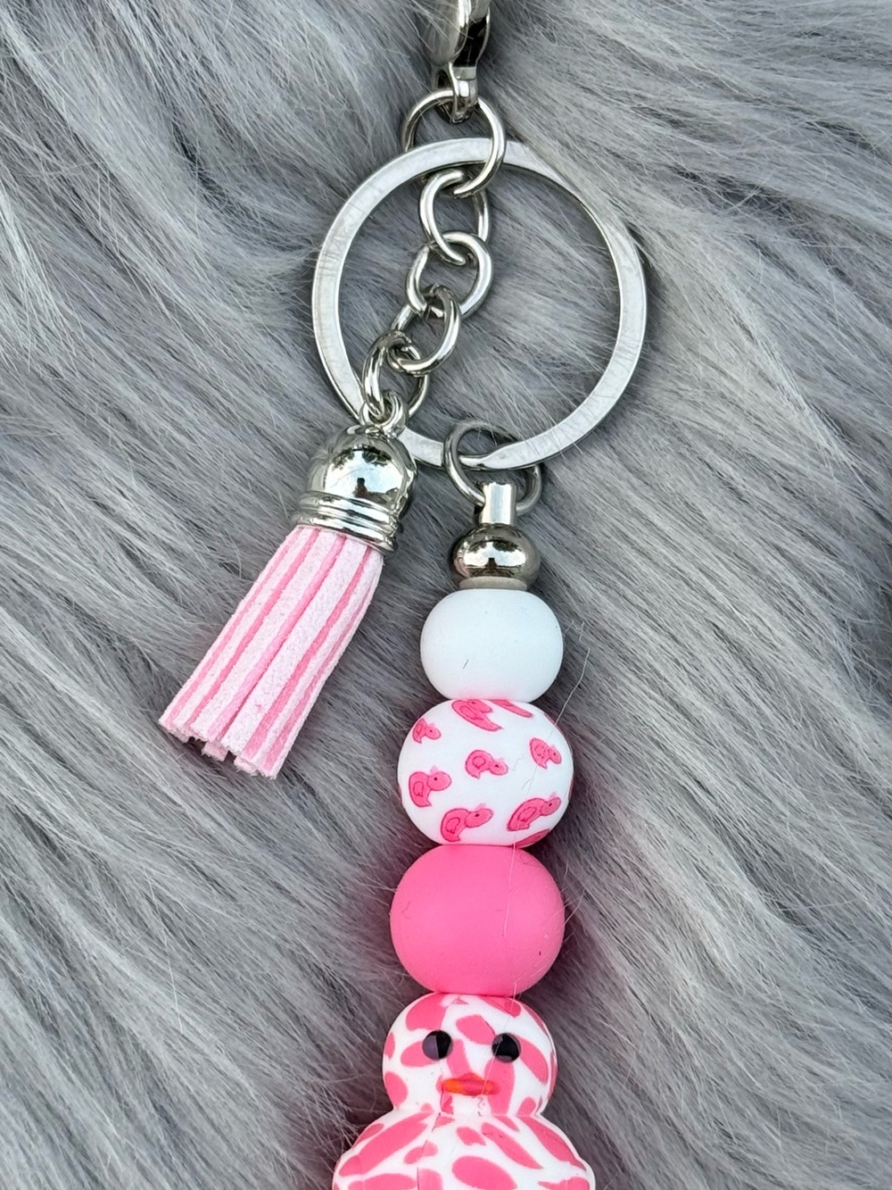 Leopard Print Pink Duck Beaded Keychain with Tassel - Duck Drop